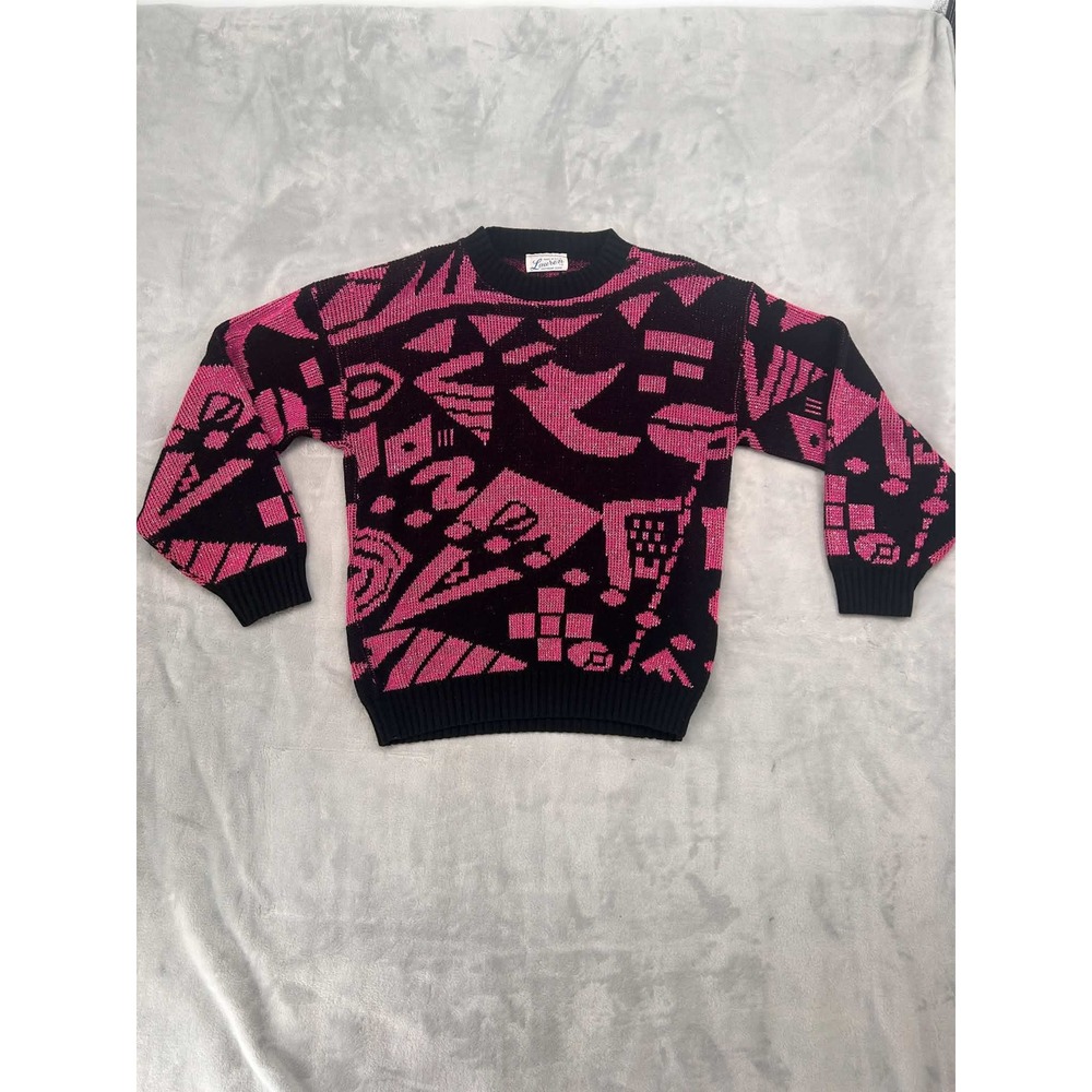 Vintage Lauren Knitwear Corp 80s Abstract Geometric Pink Black Sweater Size M